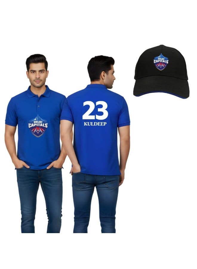 Delhi Capitals Cricket Men's Dry-Fit Polo Neck T-Shirt|DC Tshirt With Cap|Soft&Breathable Sportswear For Cricket Lovers|Wear It For Games