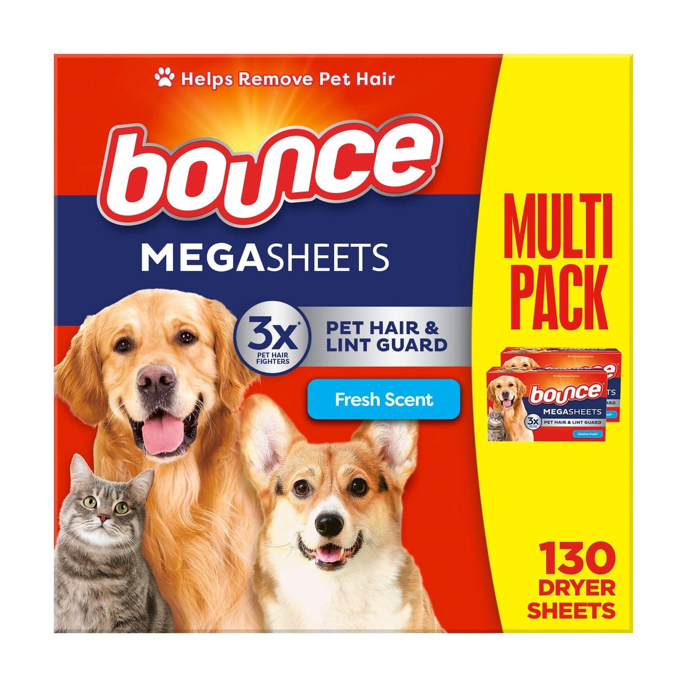 Bounce Pet Hair and Lint Guard Mega Dryer Sheets with 3X Pet Hair Fighters Fresh Scent 130 Count