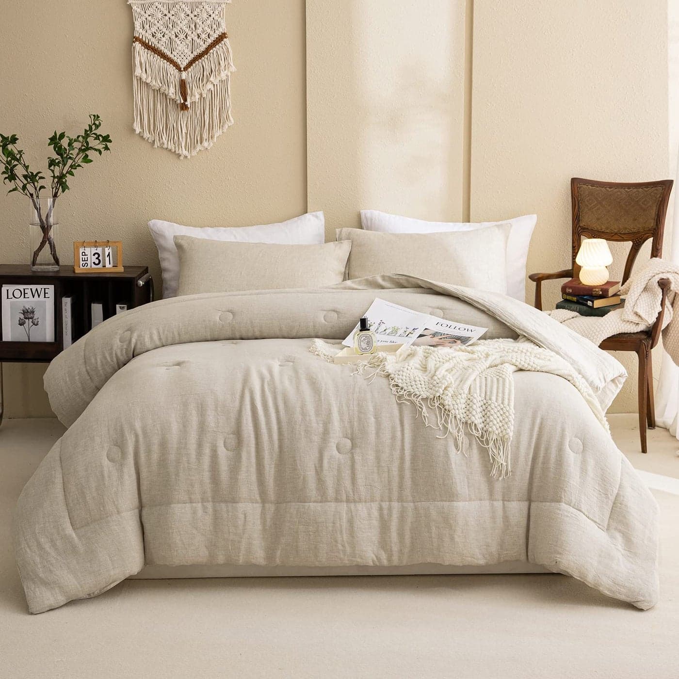 Merryword 100 Linen Comforter Set Queen Natural French Flax Linen Bedding Comforter Set Soft Breathable Moisture Wicking Comfy Bedding 3 Pieces Linen Queen