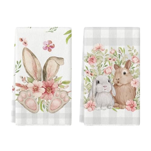 Artoid Mode Beige Buffalo Plaid Bunny Rabbit Flower Easter Kitchen Towels Dish Towels, 18x26 Inch Seasonal Decoration Hand Towels Set of 2