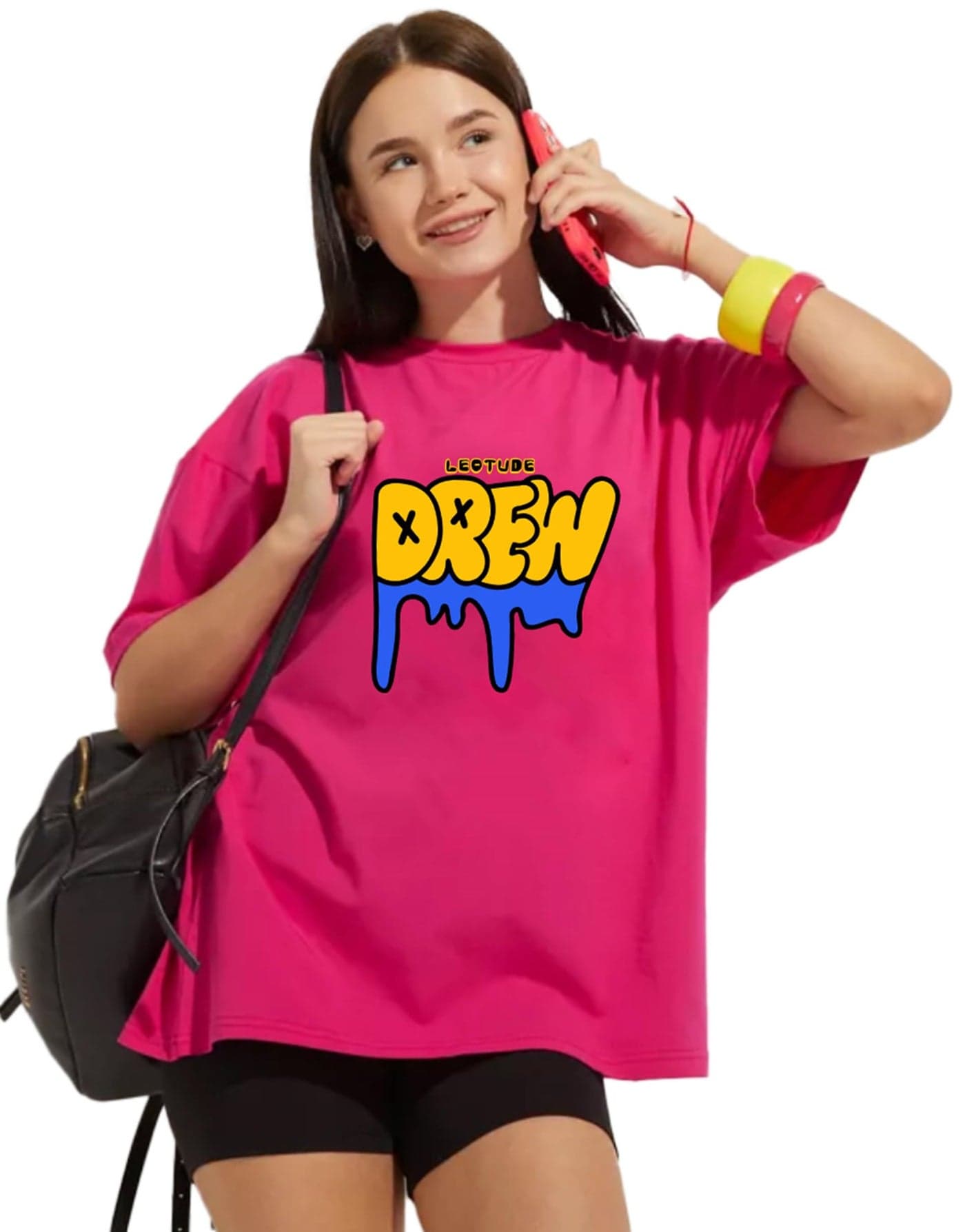 LEOTUDE Womens Oversized Round Neck Cottonblend Half Sleeve T-Shirts (GRL_FS49_Brown_Roar_P_Pink_S)