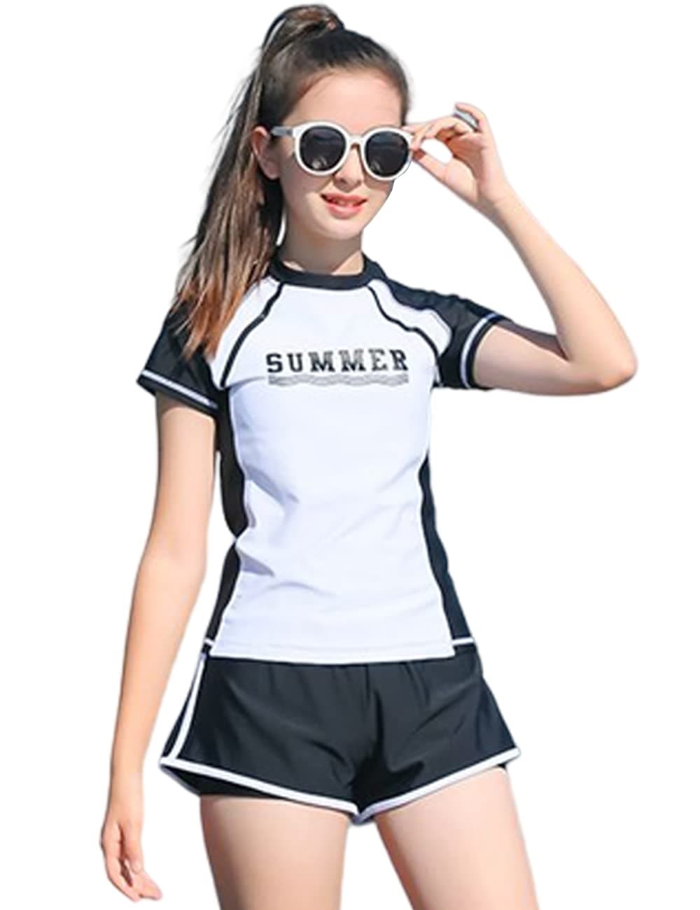 KORADI Girls Swimsuits Rash Guard Swim Sets Kids Two-Piece Bathing Suits Teen Swimwear Beach Shorts Sun Protection Swim Shirts 8-14 Years