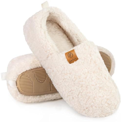 EverFoams Women’s Soft Curly Full Slippers Memory Foam Lightweight House Shoes Cozy Loafer with Polar Fleece Lining Cream White,7-8 US