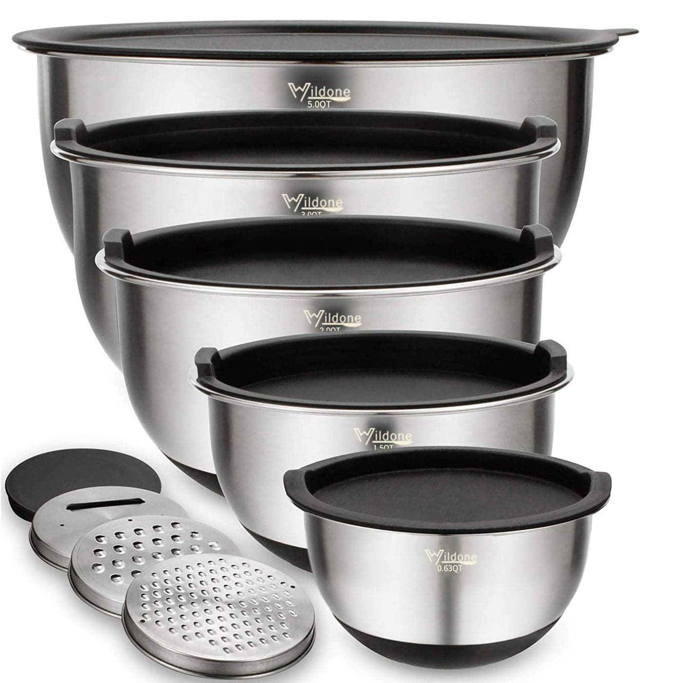 Wildone Mixing Bowls with Airtight Lids Set 5PCS Stainless Steel Nesting Bowls for Kitchen with Grater Attachments NonSlip Bottoms Size 5 3 2 15 063 QT Great for Mixing Serving