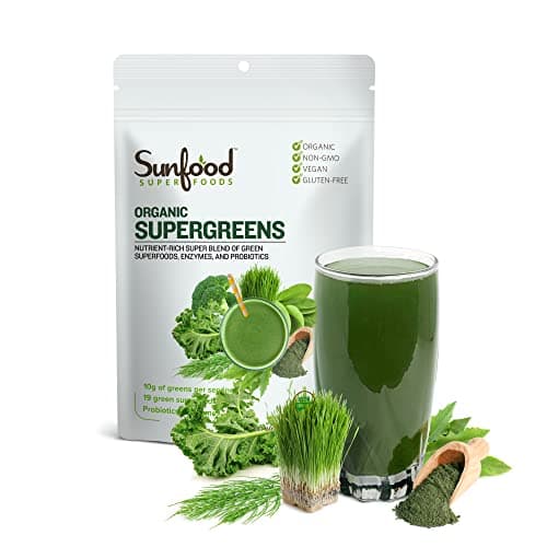 Sunfood Supergreens Greens Superfood Powder Super Greens Powder Organic Greens Blend Daily Green Juice Powder Vegetable Smoothie Drink Mix for Gut Health with Chlorella Spirulina 8 oz Bag