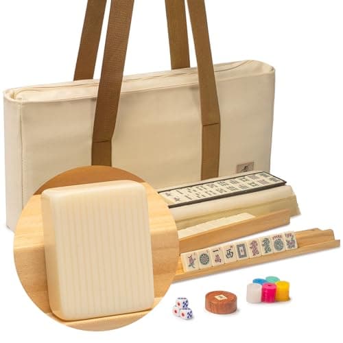 Yellow Mountain Imports American Mahjong Set Ivory Stripes 166 Tiles with Beige Soft Case Wooden Racks with Pushers Scoring Coins Dice Wind Indicator