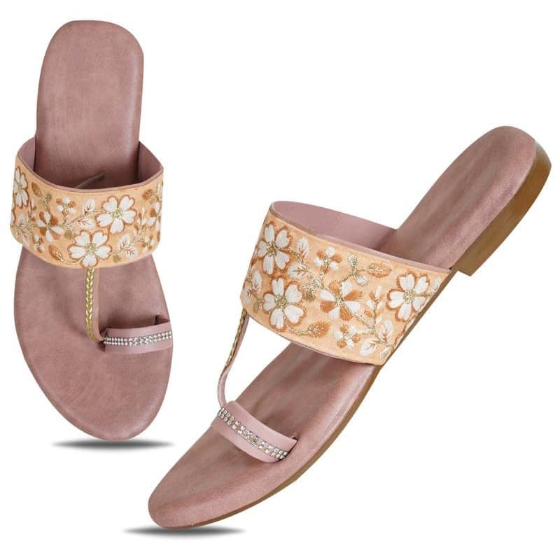 DFR Flip Flops for Women Daily Use Comfortable Ethnic Embroidered Girls Slippers flipflops chappals, Color – PinkBrown, UK Size 9