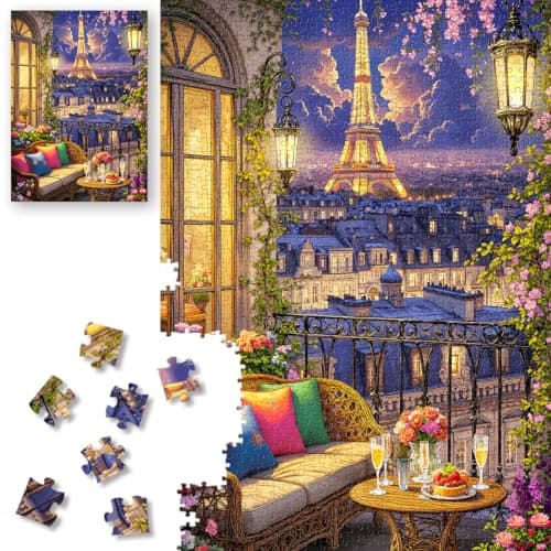Premium Jigsaw Puzzles for Adults 1000 Pieces Fantasy Art Paris Night Landscape Puzzles with Letters on Back Unique Vintage Hard Difficult Challenging Educational Funny Puzzle