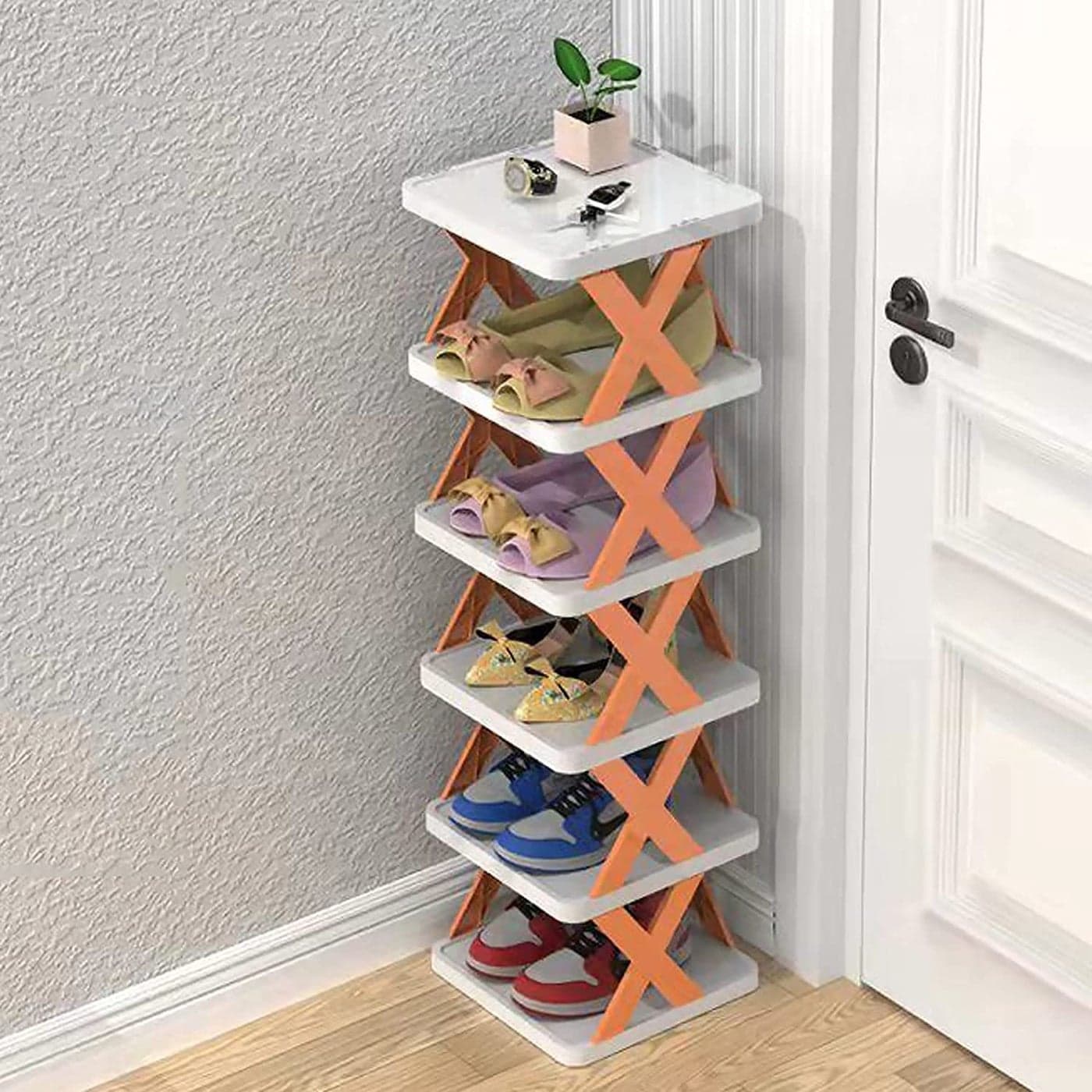 RIGJAK 6 Layer Shoe Rack Stackable Shoe Storage Organizer for Bedroom Entryway Adjustable Shoe Slots Organizer Shelf Easy Clean Shoe Tower Rack