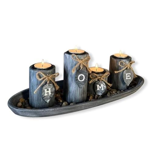 Wooden Candle Holders Centerpieces for Living Room Coffee Table Decorations,Farmhouse Table Decor Tealight Candles Holders with Rustic Tray,Candlesticks for Home Decoration Fireplace Kitchen (Home)