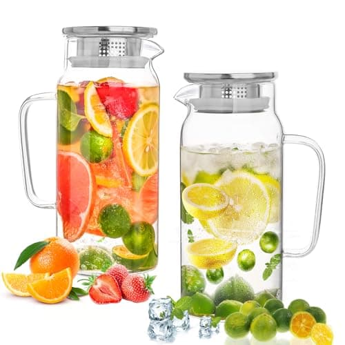 Set of 2 Glass Pitcher with Lid, 1200ml Leak Proof,Glass Water Jugs, BPA-Free,Microwave & Dishwasher Safe Pitcher,Sun & Iced Tea, Sangria,Cold Brew Coffee & More