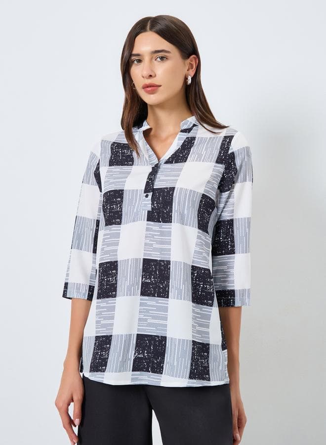 Checked V-Neck Button Front Top