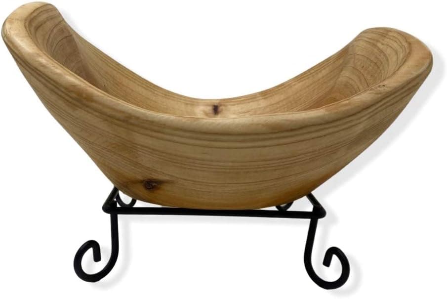 TJ Global Handmade Wood Bowl Rectangular shape Handcarved Natural Root Wood Crafts Bowl Fruit Salad Serving Bowls with Metal Stand Large L95 x W9 x H5