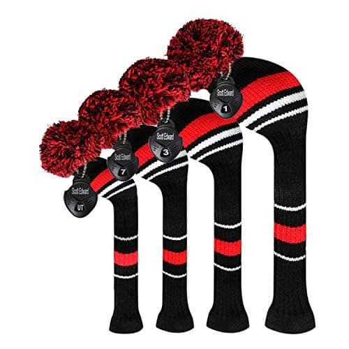 Scott Edward Red Warning Stripes Golf Club Head Covers, Acrylic Yarn Double Layers Knitted, Set of 4, with Rotating Number Tags