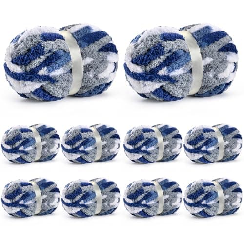 10 Pack Jumbo Chunky Yarn for Hand Knitting, Fluffy Chunky Chenille Yarn for Crocheting, Variegated Chunky Knit Baby Blanket Yarn, 240 yds /70.5 oz Super Bulky Yarn(Blue-White)