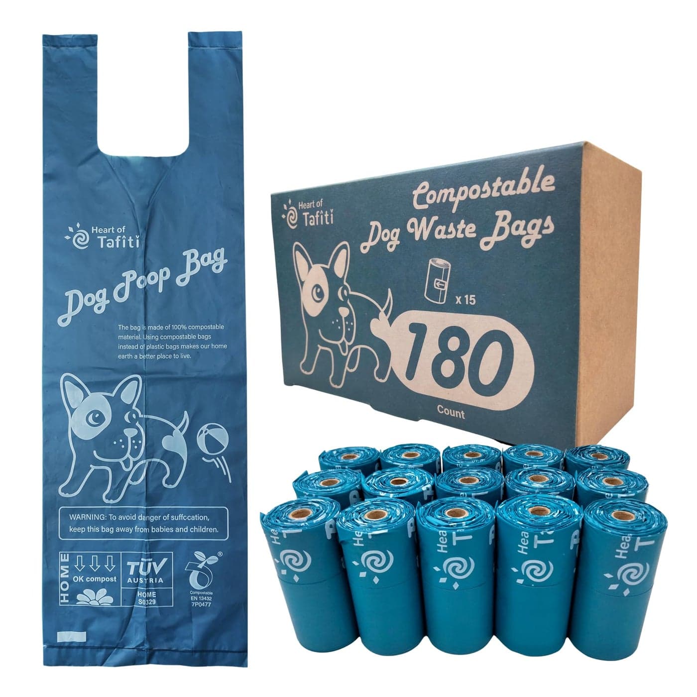 Heart of Tafiti Dog Poop Bags with Handles Dog Poop Bags Rolls180 Counts Doggie Poop Bags Dog Waste Bags Certified Compostable Extra Thick Leak Proof Unscented EcoFriendly 9 x 13 Inches