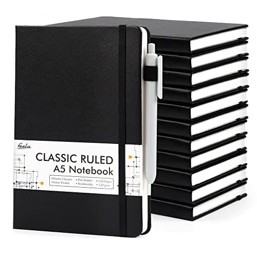feela 12 Pack Notebooks Journals Bulk with 12 Black Pens, A5 Hardcover Notebook Classic Ruled Journal Set with Pen Holder for School Business Work Travel Writing, 120 GSM, 5.1”x8.3”, Black