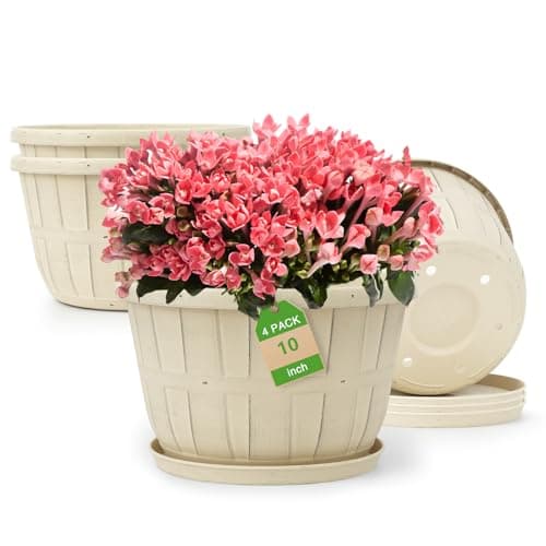 Quarut 10 inch Plastic Flower Pots for Indoor Plants4 Pack Large Outdoor Planter Pot with Drainage Holes SaucersImitation Wine Barrel Designfor Indoor Outdoor Garden PlantsWhite