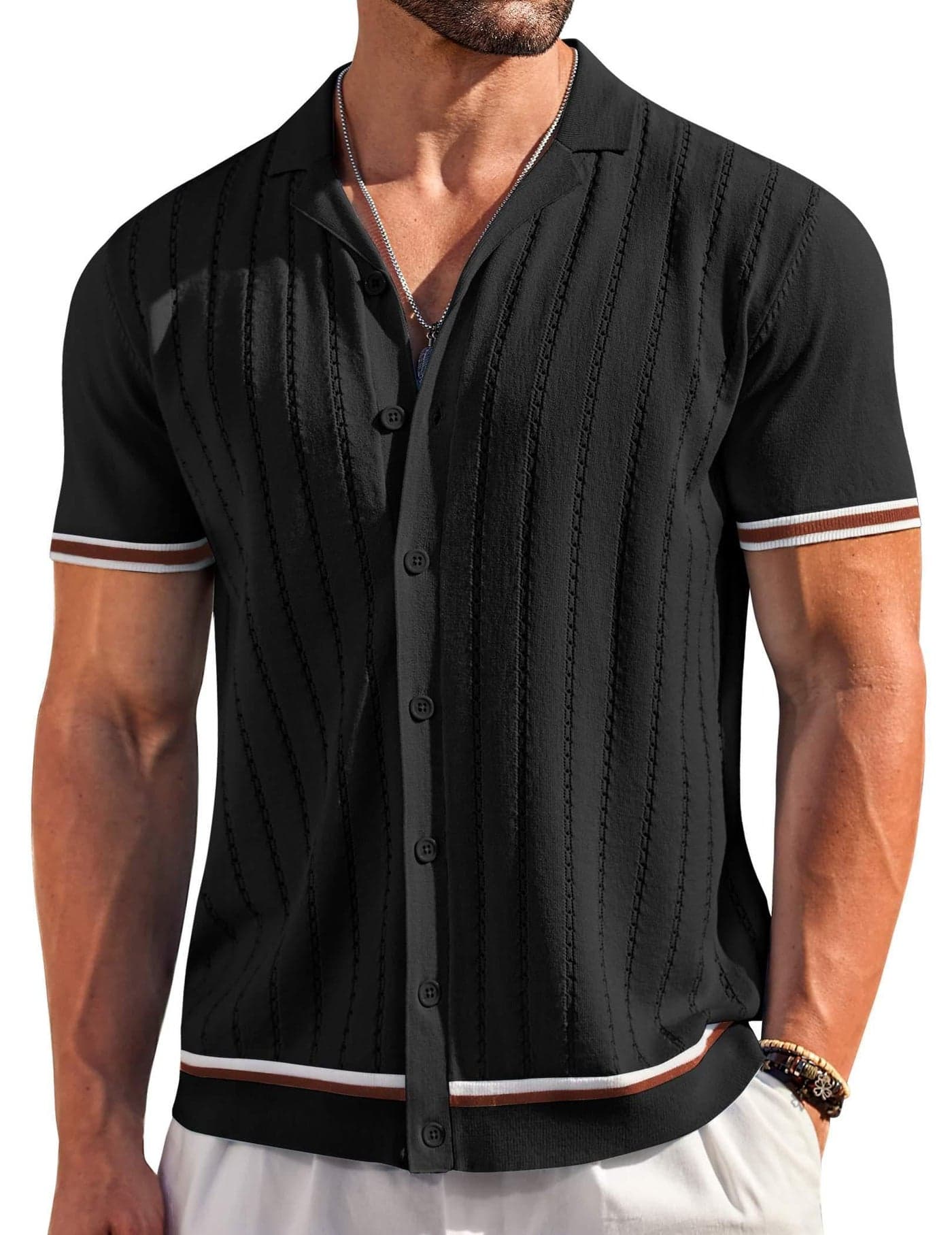 COOFANDY Men's Casual Button Down Shirts Short Sleeve Wedding Yoga Camp Beach Shirts Black