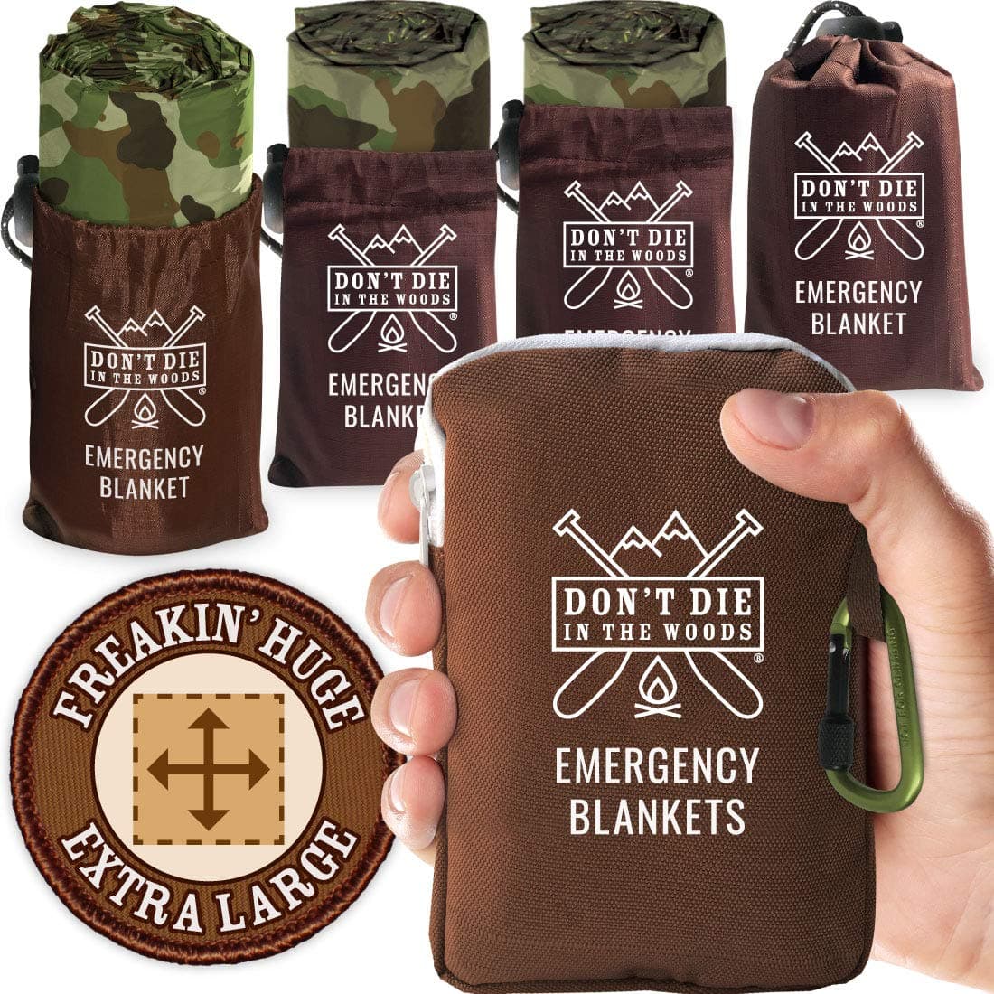 Dont Die In The Woods Freakin Huge Emergency Blankets 4Pack ExtraLarge Thermal Mylar Space Blankets with Ripstop Nylon Stuff Sacks Carabiner Zipper Pack Woodland Camo