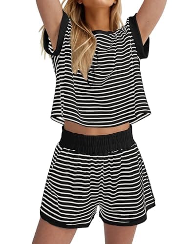 MISSACTIVER 2 Piece Lounge Set Women Stripe Knit Short Sleeve Tee Shirts Shorts Casual Summer Loungewear Shorts Sets
