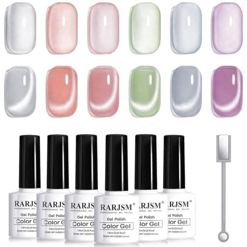 RARJSM Moonlight Cat Eye Gel Nail Polish Set 6 Pcs Smoothie Ceramic Glitter Shimmer Grape Purple Silver White Blue Green Pink Velvet Mirror Cateye Gel Polish with Magnetic Stick UV LED Curing Require