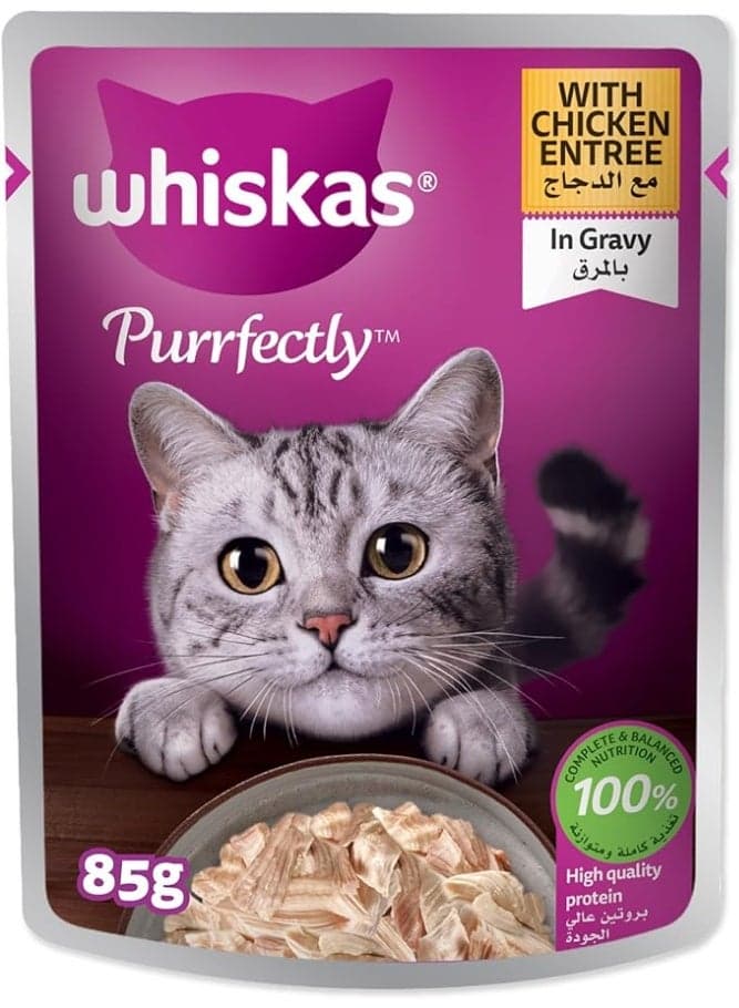 Whiskas Purrfectly Cat Food Chicken Entrée in Gravy, 85g, Cat Food Wet, for Adult Cats 1+ Years, Whiskas Wet Food 100% Complete and Balanced Nutrition