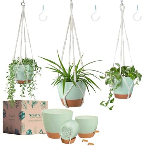 Bouqlife Larege Hanging Planters with Macrame Plant Hangers for Indoor Outdoor Plants 3 Set 10" / 8" / 7" Self Watering Pots Hanging Baskets Flower Pot Holders 3 Different Size Green Large