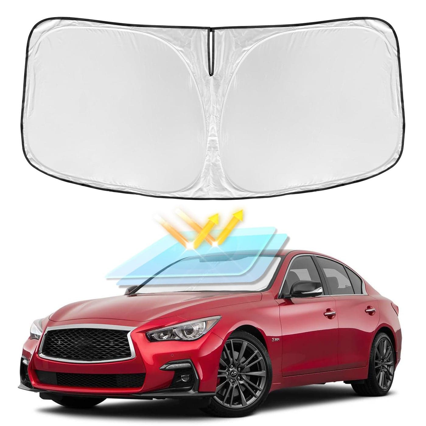 for Infiniti Q50 20142024 2025 Windshield Sun Shade 4 Layers Car Sunshades Front Windows Shade Cover Custom Fit for Q50 Sun Visor 240T Retractable Shade Blocks UV Rays Car Accessories