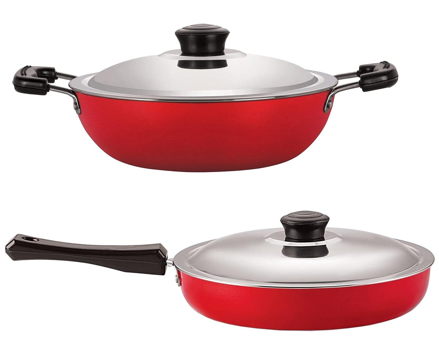 Nirlon NonStick Heavy Gauge Aluminium Kitchen Cookware Items 2 Pieces of Fry Pan32 LTR Deep KadhaiM22 LTR ColorRed