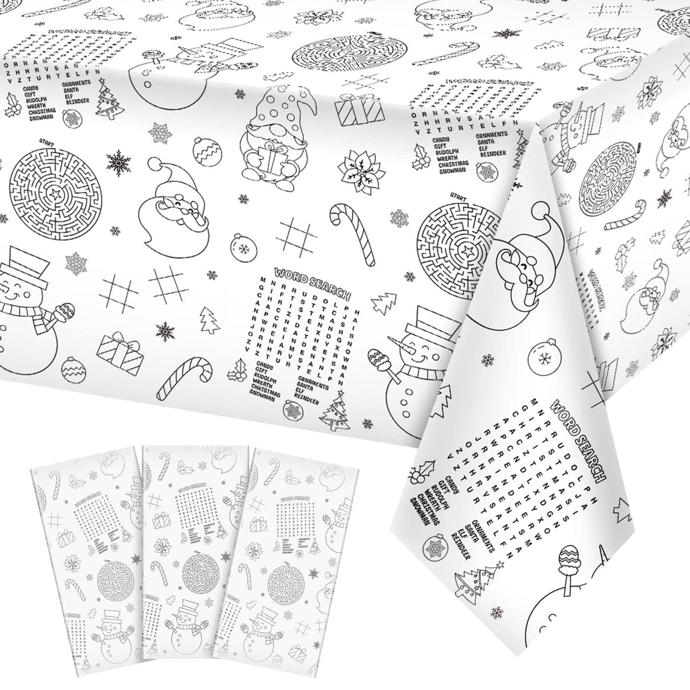 3 Pack Christmas Tablecloth Christmas Activity Paper Tablecloth Santa Claus Snowman Gnome Colorin Paper Disposable Tablecover for Kids Xmas Winter Holiday Birthday Party Decoration 54X108 Inch