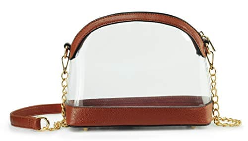Clear Cross Body Bag with Vegan Leather Trim Stadium Approved Women Shoulder Handbag (Brown)