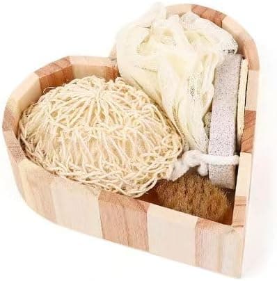 5Pcs Bath Shower Set in Heart Wooden Trinket Box Hair Brush for WomenBirthday GiftsBath Shower Spa Basket Gift Set for Women for Body Back Legs and FootGift for Mom