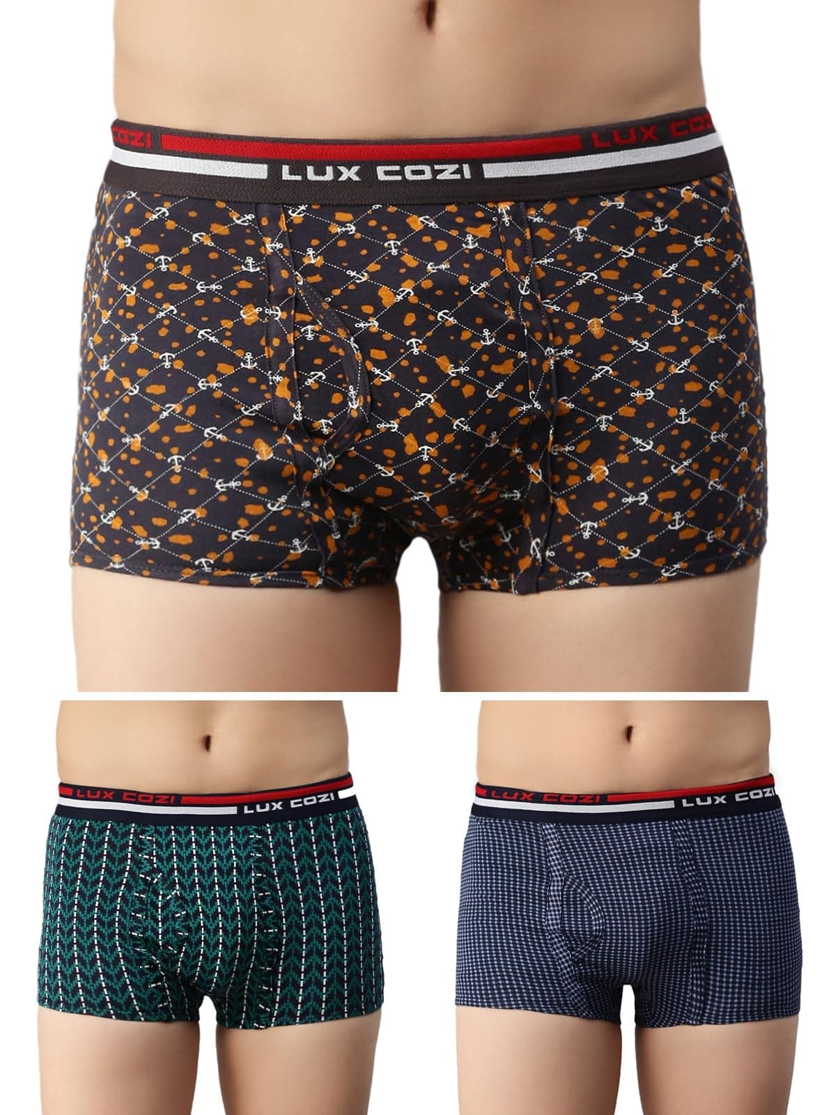 Lux Cozi Pack of 3 Men's Assorted Outer Elastic Semi Long Printed Trunk (Size : 100cm)