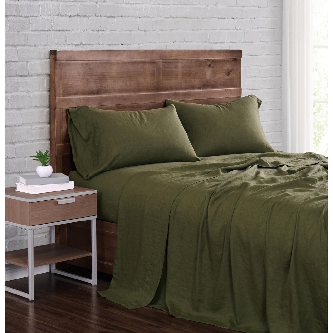 Brooklyn Loom Linen Sheets Olive Green Linen 4Piece California King Sheet Set Solid Color Themed for Men and Women OEKOTEX Certified Confidence