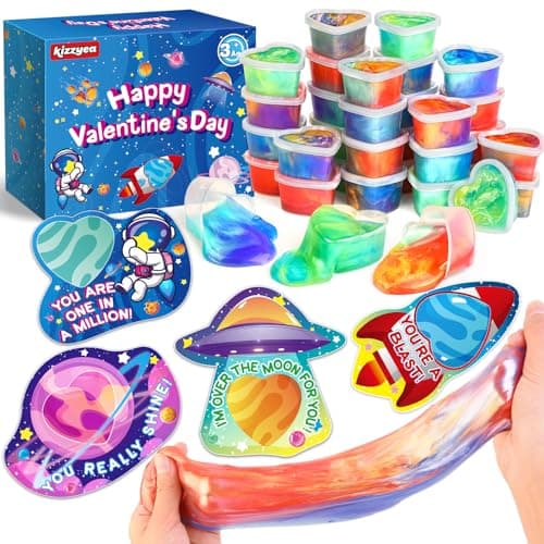KIZZYEA 24 Pack Valentines Day Cards for Kids School with Galaxy Slime Toys Valentines Day Gifts for Kids Valentines Party Favors Valentine Classroom Exchange Prizes for Boys Girls