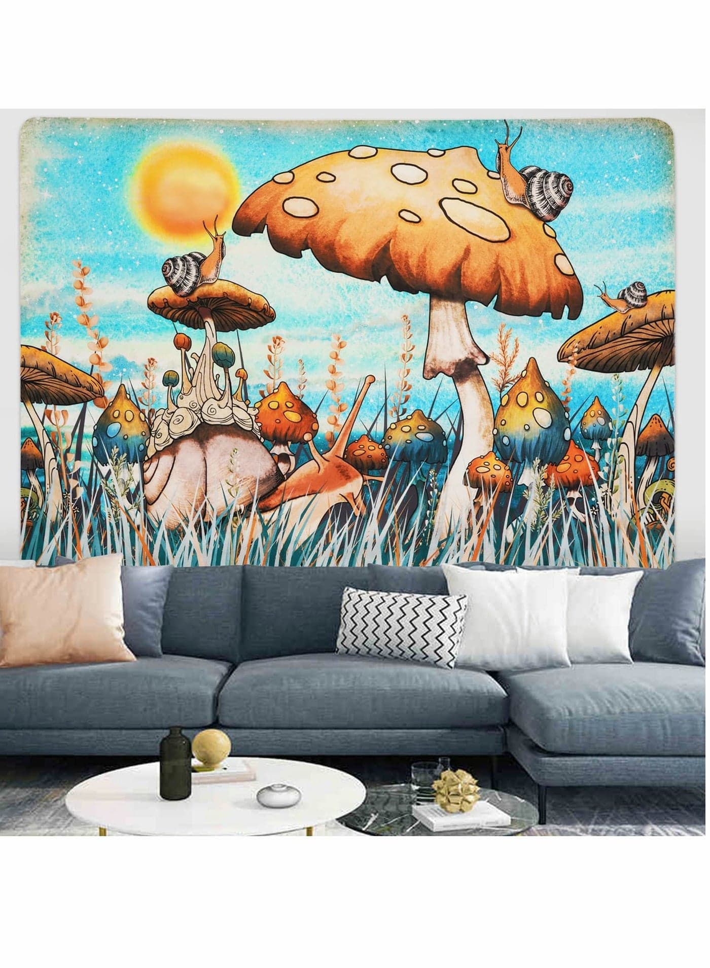 Trippy Mushroom Tapestry Moon and Stars Snail Fantasy Plants Leaves Wall Hanging for Room(51.2 x 59.1 inches)