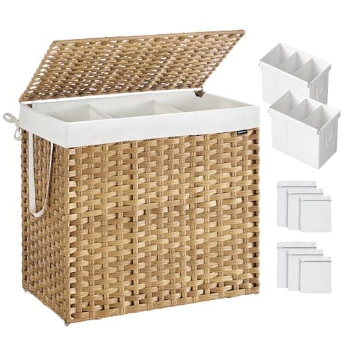 SONGMICS Laundry Hamper with Lid, 160 L Clothes Hamper with 2 Removable Liner Bags, 6 Mesh Bags, Wicker Laundry Basket, Double Laundry Hamper for Bathroom, 26 x 15.7 x 24 Inches, Natural ULCB316Y01