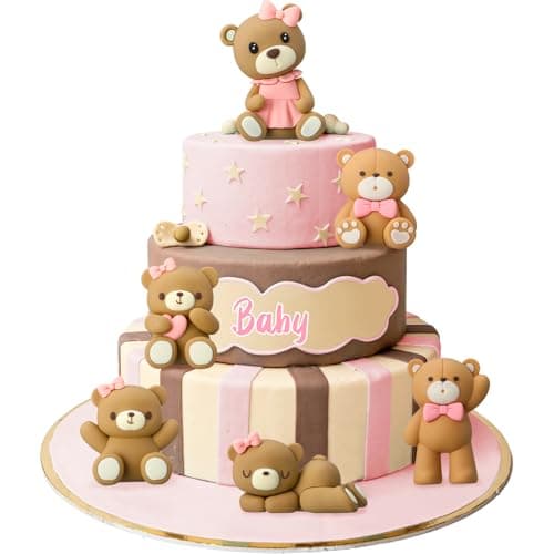 6 Pcs 3D Bear Cake Toppers Bear Cake Decorations Baby Shower Party Favors Home Ornaments for Baby Shower Birthday Party Cake Supplies Boys Girl GiftsPink