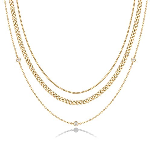PAVOI 14K Gold Plated Dainty Layering Necklaces for Women | Snake Chain, Curb Link, Paperclip Layered Chains | Trendy Layering Necklace (Diamond Station, Yellow Plated)