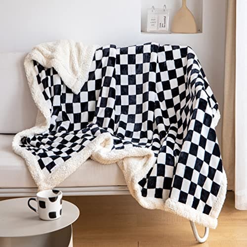 LOMAO Sherpa Throw Blanket Fleece Blanket with Checkered Pattern Soft Thick Blanket for Couch Bed Sofa Luxurious Warm and Cozy for All Seasons Black 51x63