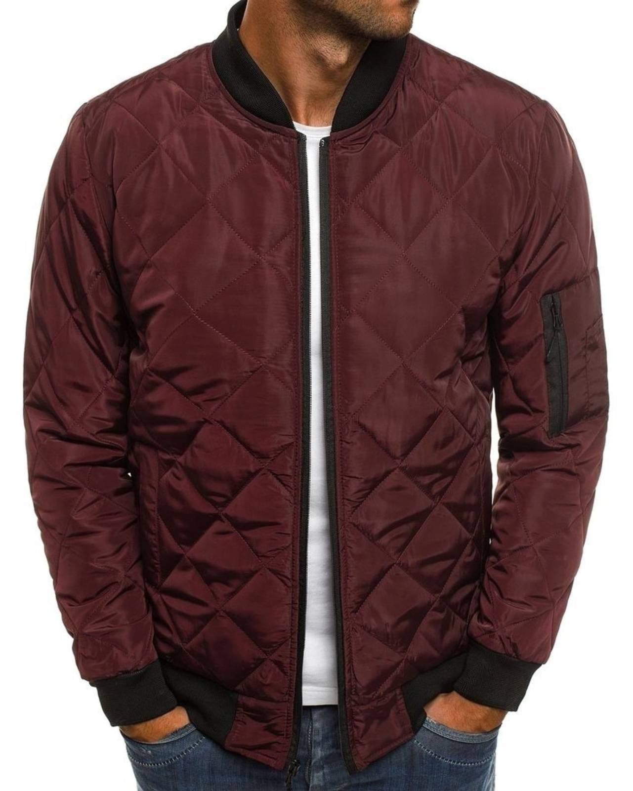 Mens Bomber Jackets Diamond Quilted Fall Winter Rib Varsity Lightweight Coat