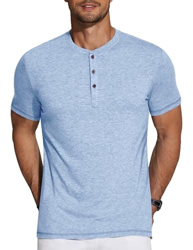 COOFANDY Men's Slim Fit Henley Shirts Short Sleeve Casual Basic Tee 3 Button T Shirts Summer Fashion Shirts Light Blue