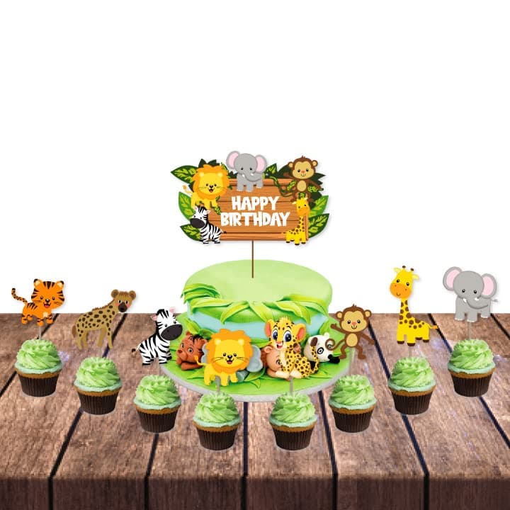 Festiko® 9 Pcs Jungle Theme Happy Birthday Cake & Cupcake Toppers, Jungle Theme 2nd Birthday Supplies, Jungle Theme Cake Decoration Supplies, Jungle Safari Party Supplies