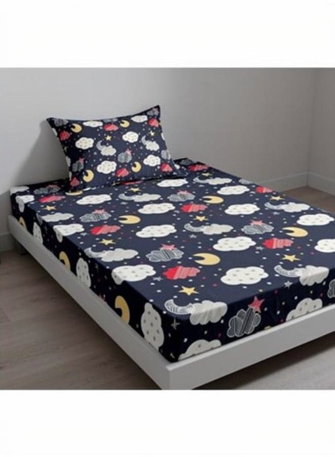 2-Piece Printed Cotton Fitted Bedsheet Set Twin Size – 180 TC Premium Soft Breathable Bedding Collection, 1 Fitted Sheet 120 x 200 x 20 cm + 1 Pillowcase