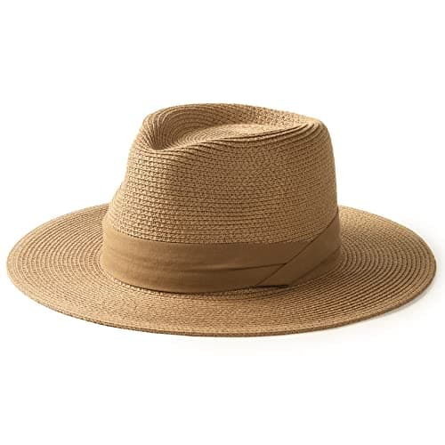 FURTALK Panama Hat Sun Hats for Women Men Wide Brim Fedora Straw Beach Hat UV UPF 80+ Brown
