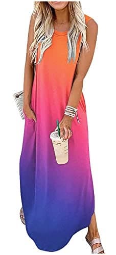 CHUNTIANRAN Women's 2024 Casual Loose Sundress Maxi Dress Sleeveless Summer Beach Long Dresses Vacation T Shirts Dress with Pockets(H-Gradient6,XL)