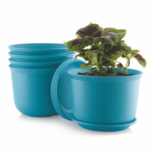 INKULTURE 10 Inch Plastic Round Flower Pots with Tray for Home Planters, Terrace, Garden Etc | Pack of 05 | Peacock | for Home Indoor & Outdoor Gardening Plants