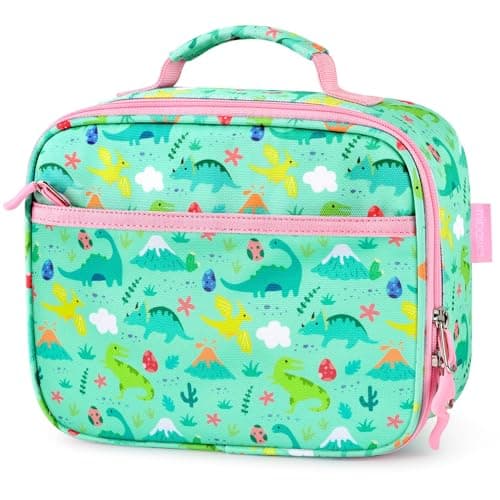mibasies Kids Lunch Box for Girls Toddler, Insulated and Reusable Lunch Bag for School, Light Green Dinosaur Forset