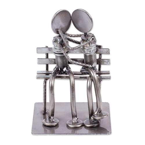 NOVICA Recycled Auto Parts Romantic Metal Sculpture 47 Tall Park Bench Sweethearts